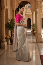 Satin Silk Embroidery Work Saree With Unstitched Blouse(Off-White)