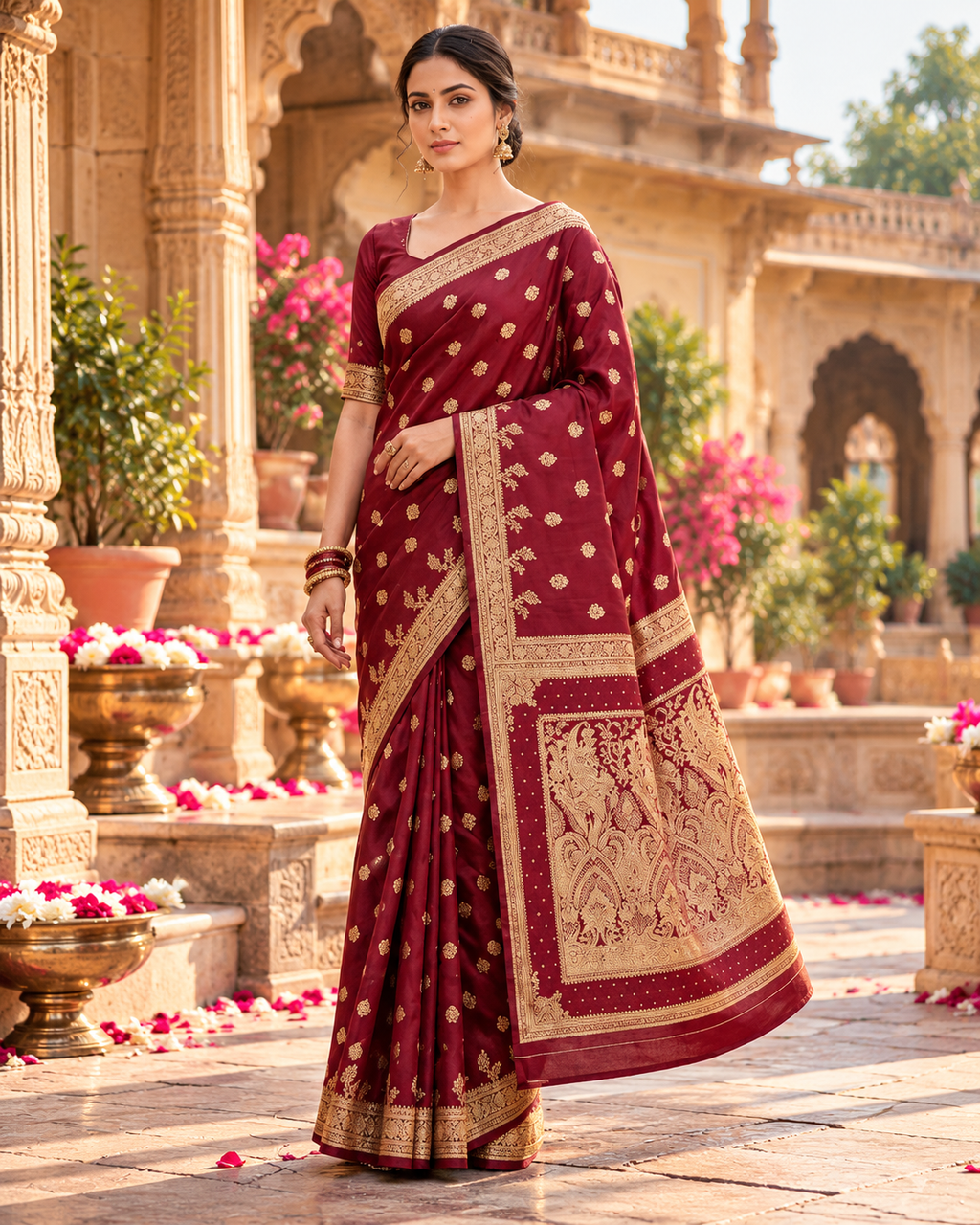 Banarasi Silk Saree With Unstitched Blouse(Red)