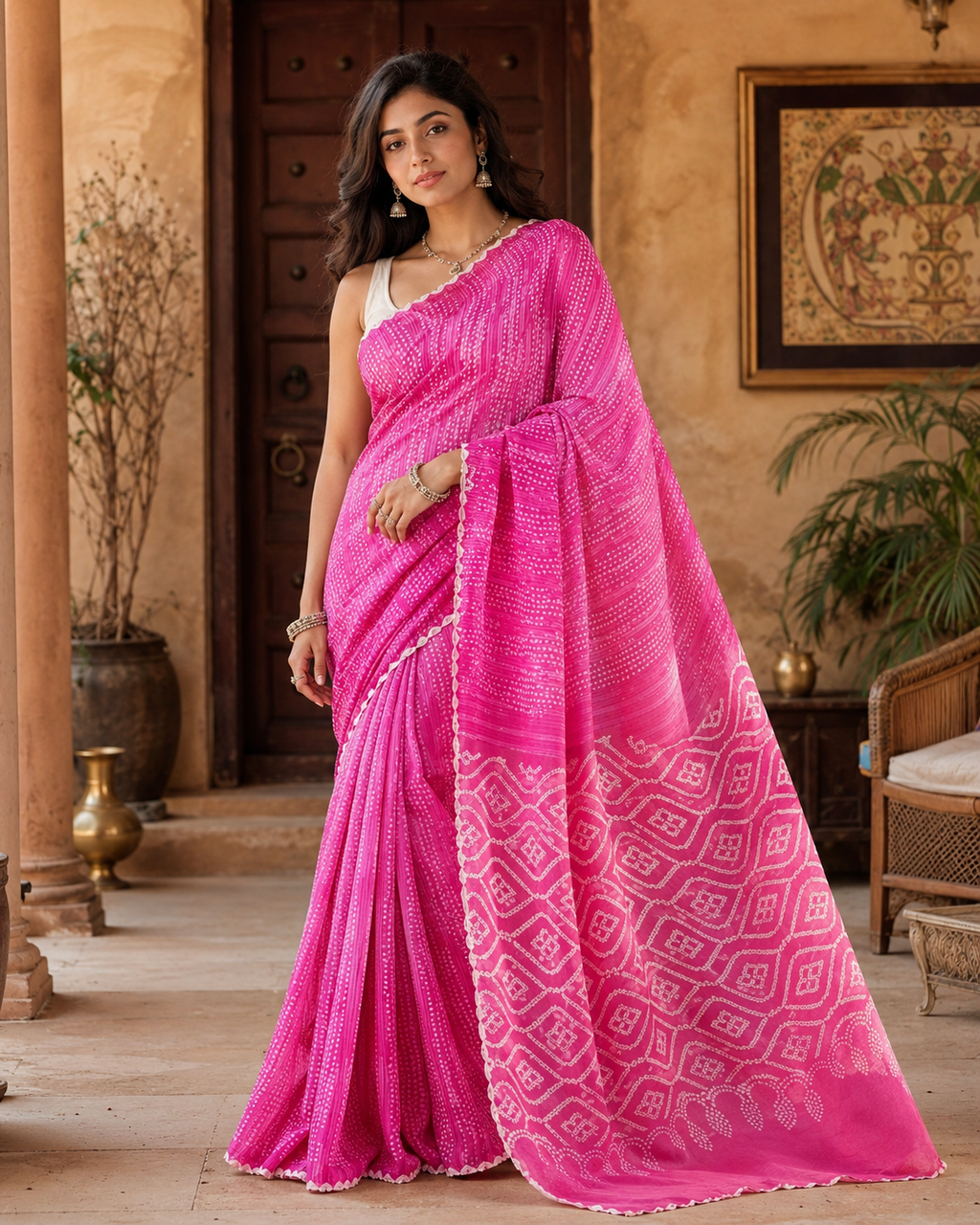 Chinon Silk Bandhani Print Saree With Unstitched Blouse(Rani)