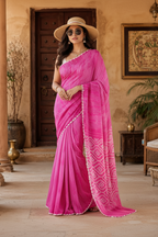 Chinon Silk Bandhani Print Saree With Unstitched Blouse(Rani)
