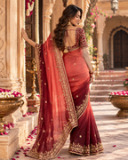Chiffon Silk Embroidery Sequin Work Saree With Unstitched Blouse(Orange)