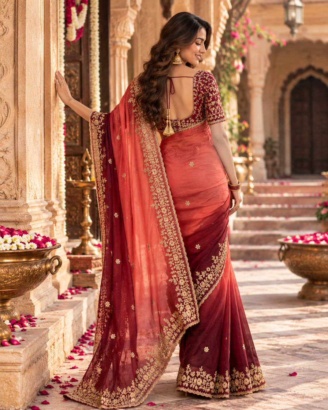 Chiffon Silk Embroidery Sequin Work Saree With Unstitched Blouse(Orange)