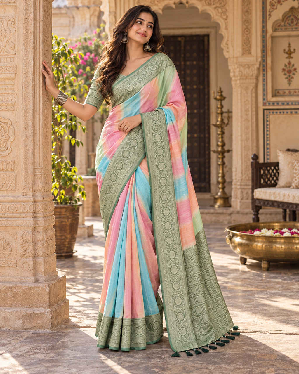 Soft Banarasi Silk Designer Saree With Unstitched Blouse(Pink)
