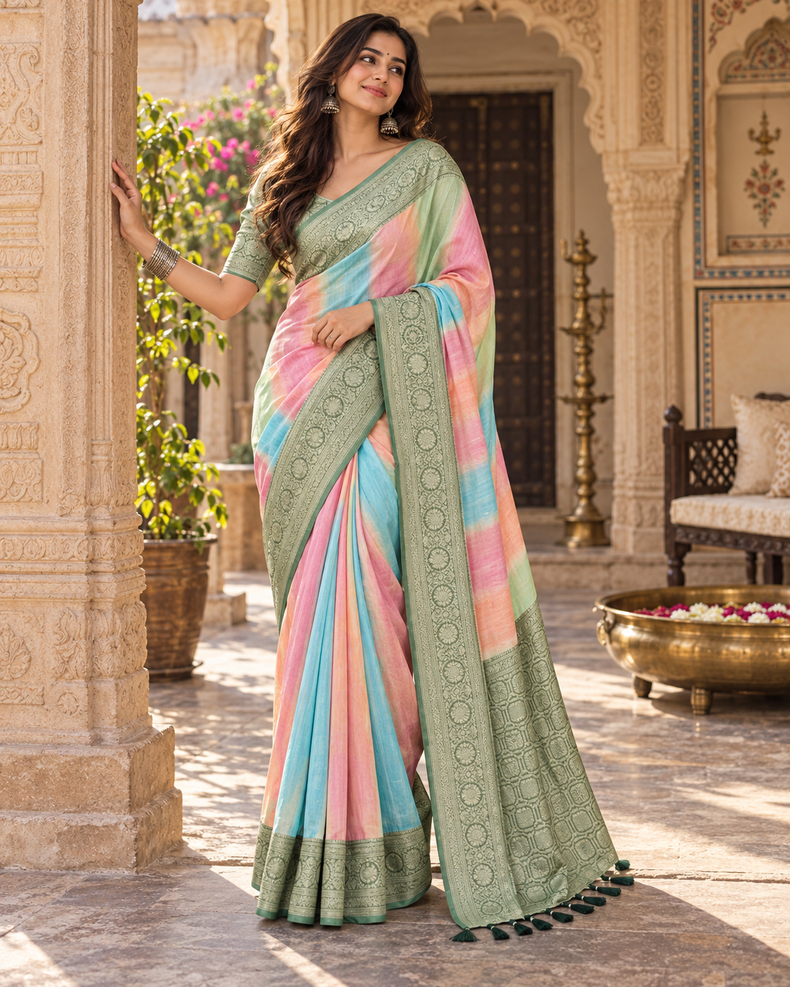 Soft Banarasi Silk Designer Saree With Unstitched Blouse(Pink)