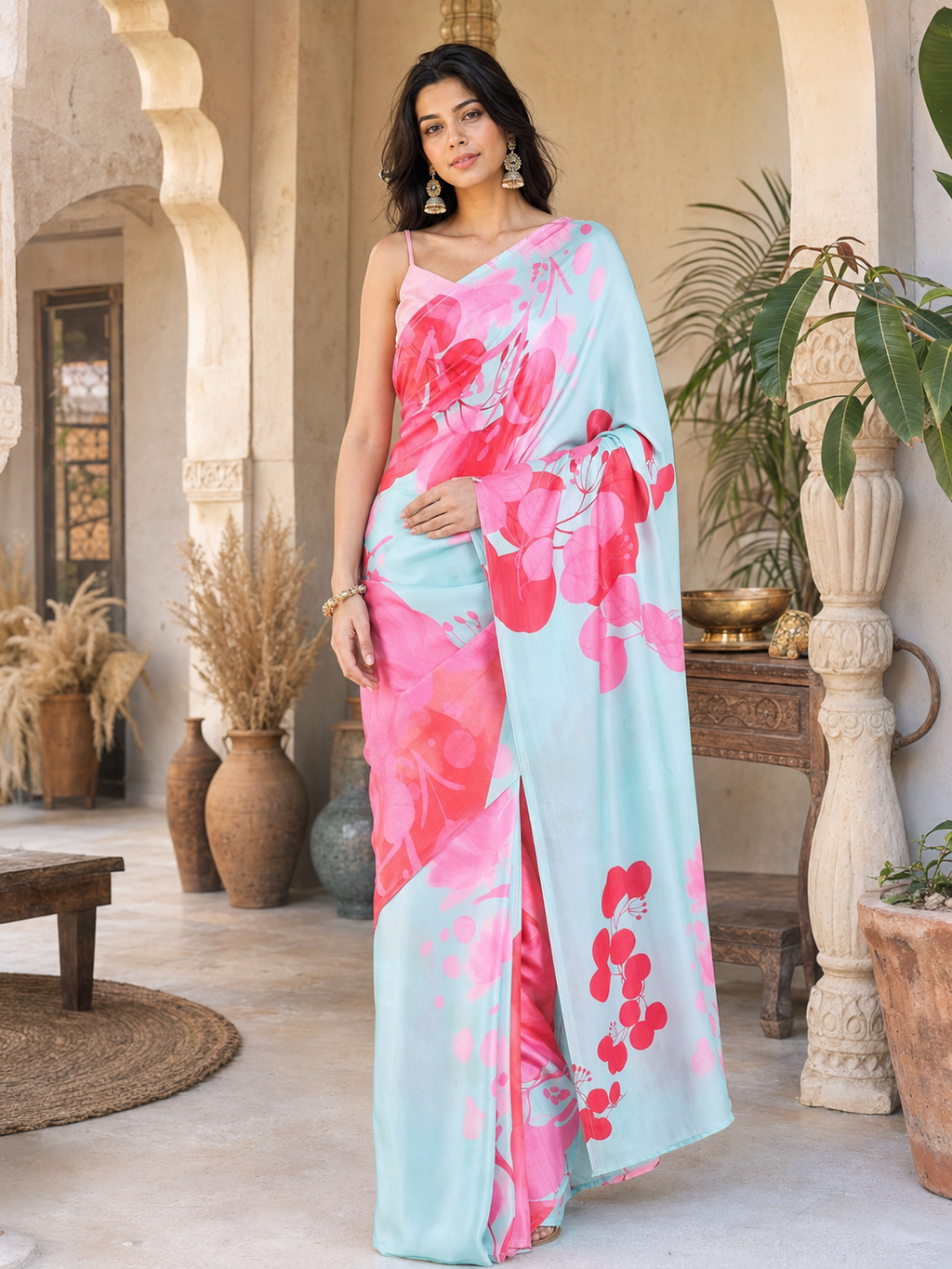 Satin Silk Printed Saree With Unstitched Blouse(Sky)