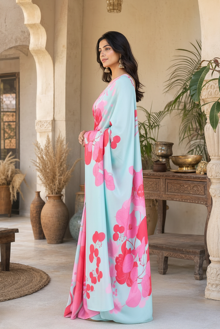 Satin Silk Printed Saree With Unstitched Blouse(Sky)