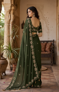 Premium Georgette Heavy Work Saree With Unstitched Blouse(Green)
