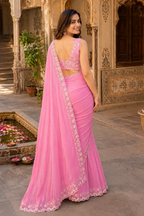 Georgette Sequins Work Saree With Unstitched Blouse(Pink)