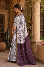 Linen Printed Saree With Unstitched Blouse(Brown)