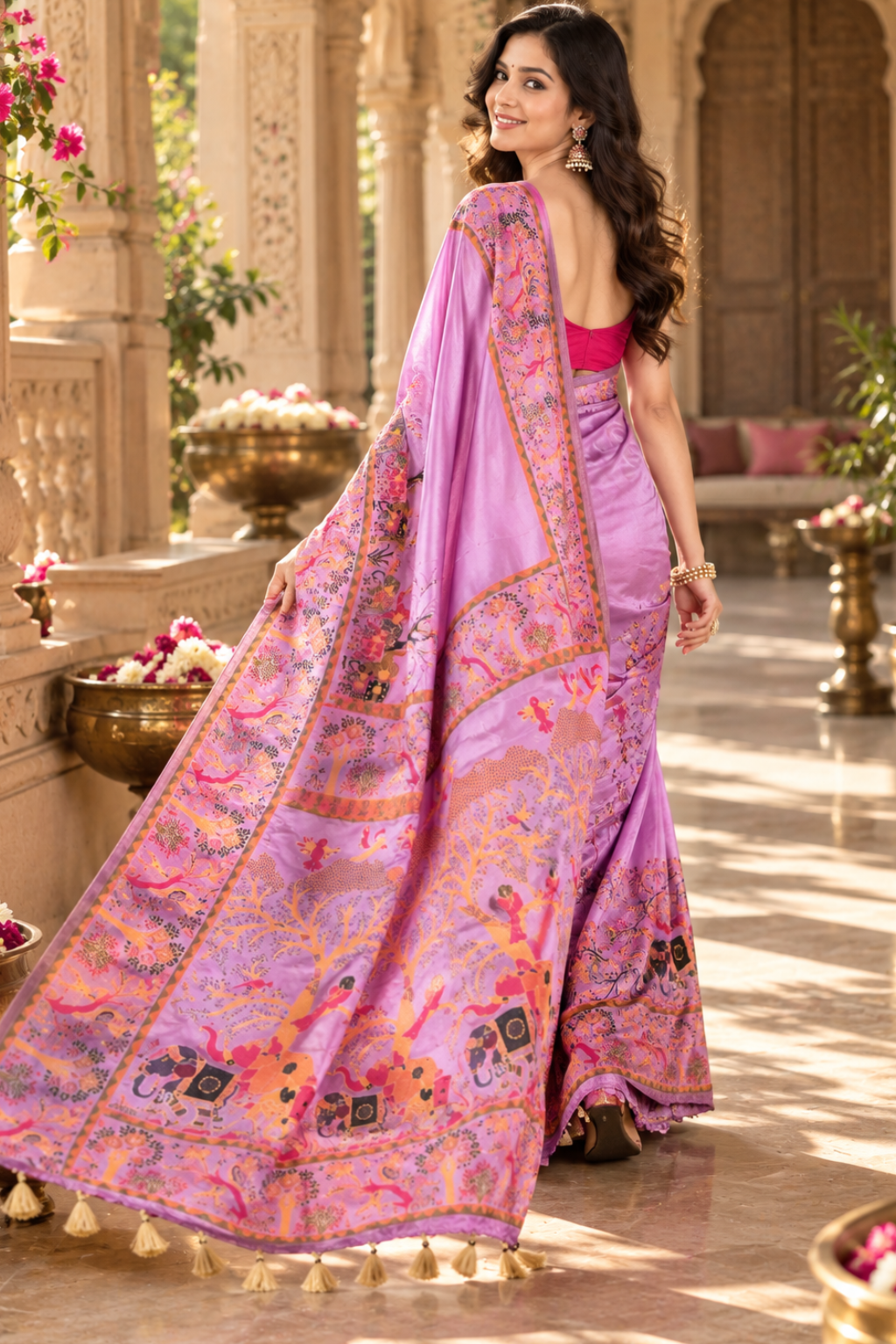 Premium Pashmina Kashmiri  Meenakari Weaves Tassels Saree ( Lavender )