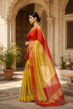 Viscose Georgette Zari Border Work Saree With Unstitched Blouse(Yellow)