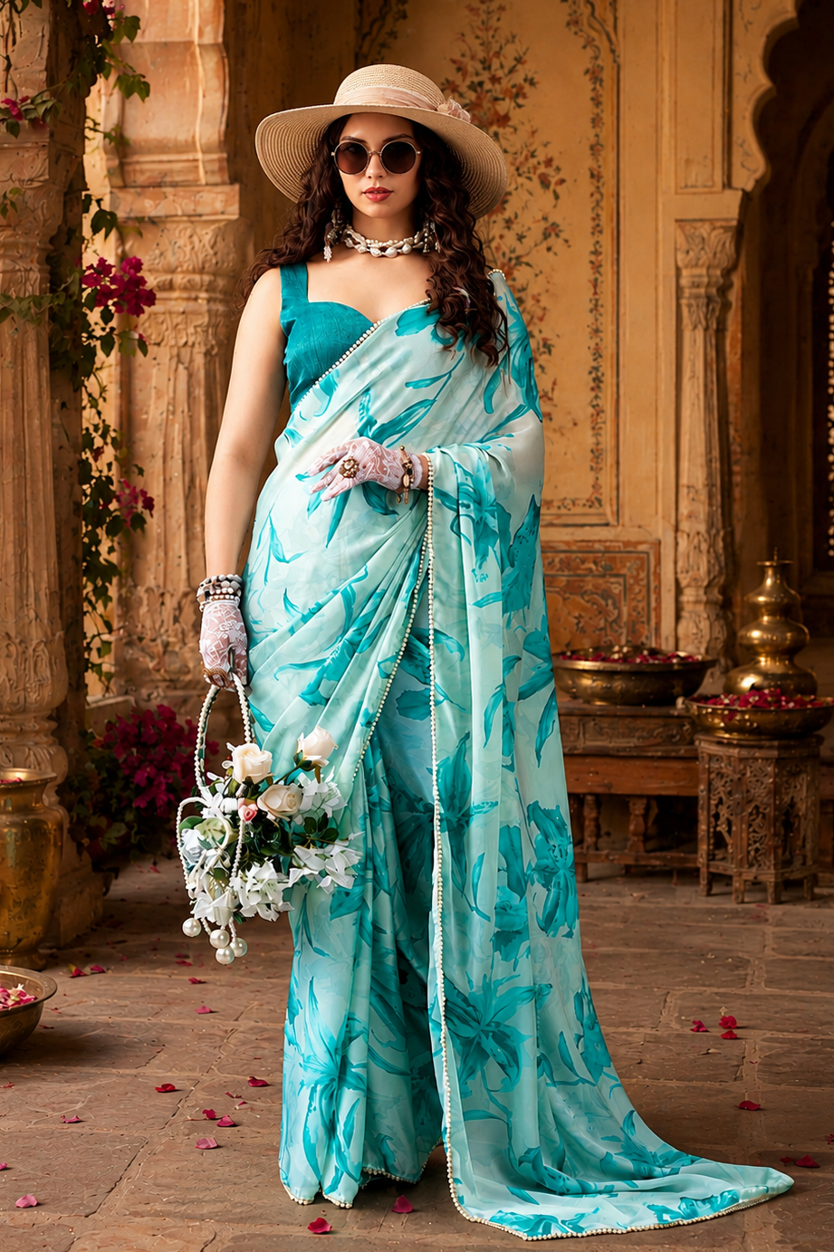 Satin Silk Floral Print Saree With Unstitched Blouse(Teal)
