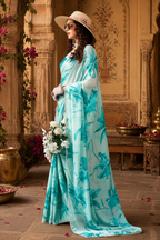 Satin Silk Floral Print Saree With Unstitched Blouse(Teal)