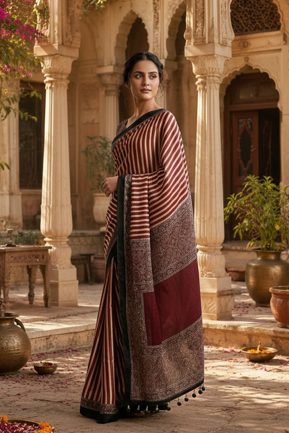 Satin Silk Designer Saree With Unstitched Blouse(Maroon)