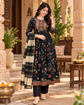 Cotton Kurti Pant Set With Dupatta(Black Currant)