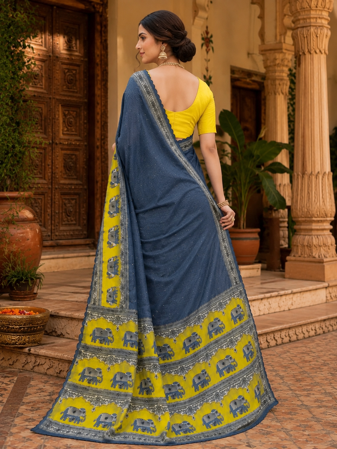 Linen Printed Saree With Unstitched Blouse(Blue)