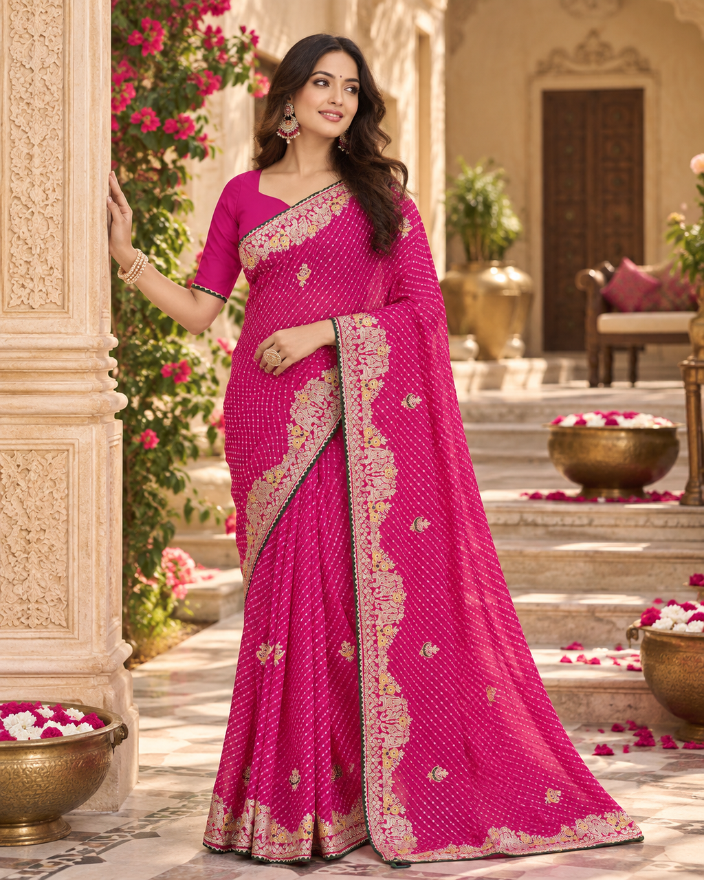 Pure Bandhani Bhej Print Gotta Patti Work Silk Saree With Unstitched Blouse(Dark Pink)