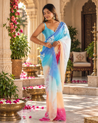 Georgette Embroidery Work Saree With Unstitched Blouse(Blue)