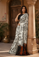 Load image into Gallery viewer, Pure Satin Silk Printed Saree With Unstitched Blouse(White)
