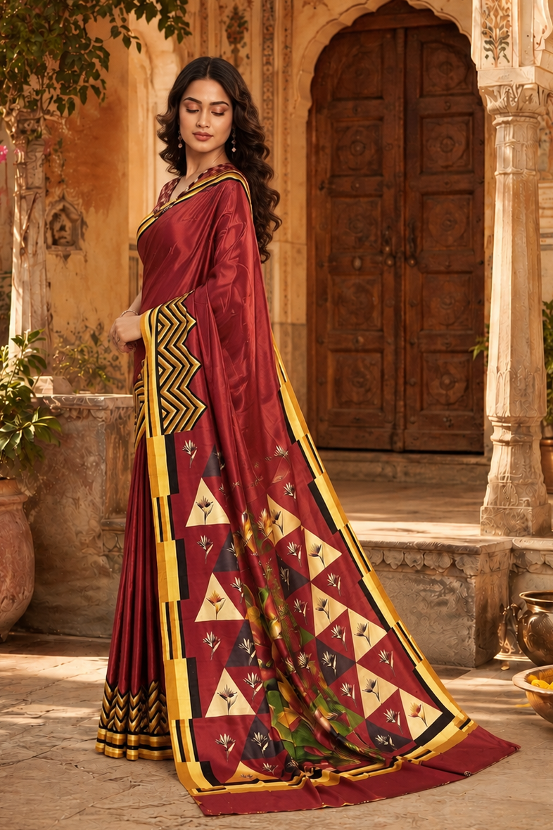 Premium Crepe Silk Digital Floral Print Saree With Unstitched Blouse(Red)
