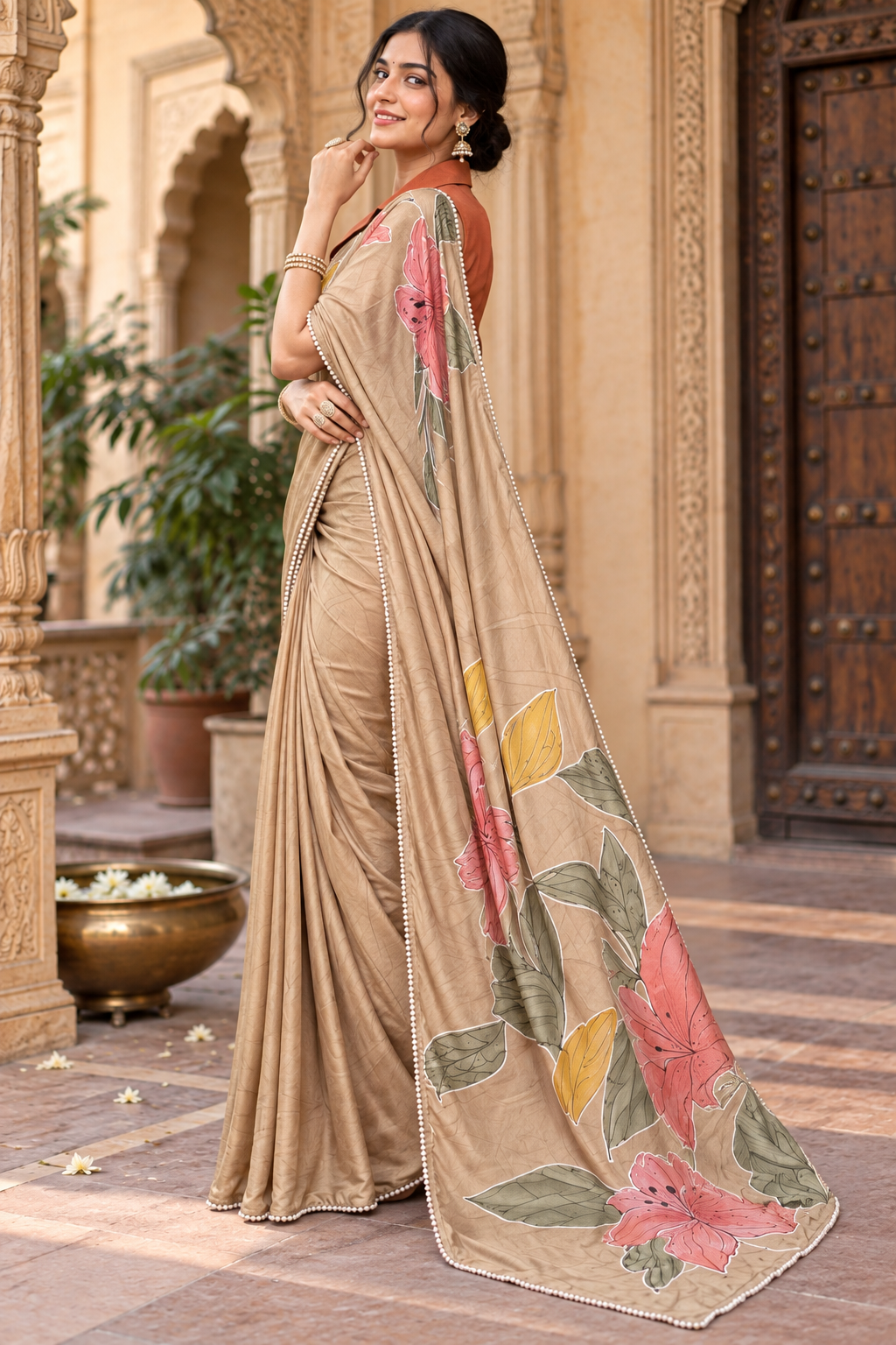 Satin Silk Printed Saree With Unstitched Blouse(Beige)