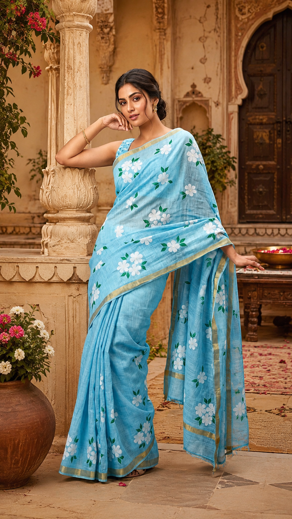 Linen Gold  Digital Printed Saree With Unstitched Blouse(Sky Blue)