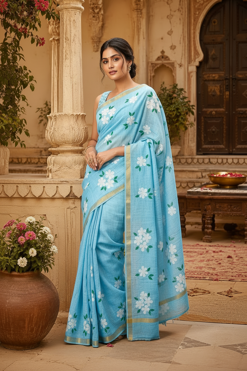Linen Gold  Digital Printed Saree With Unstitched Blouse(Sky Blue)
