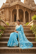 Linen Gold  Digital Printed Saree With Unstitched Blouse(Sky Blue)