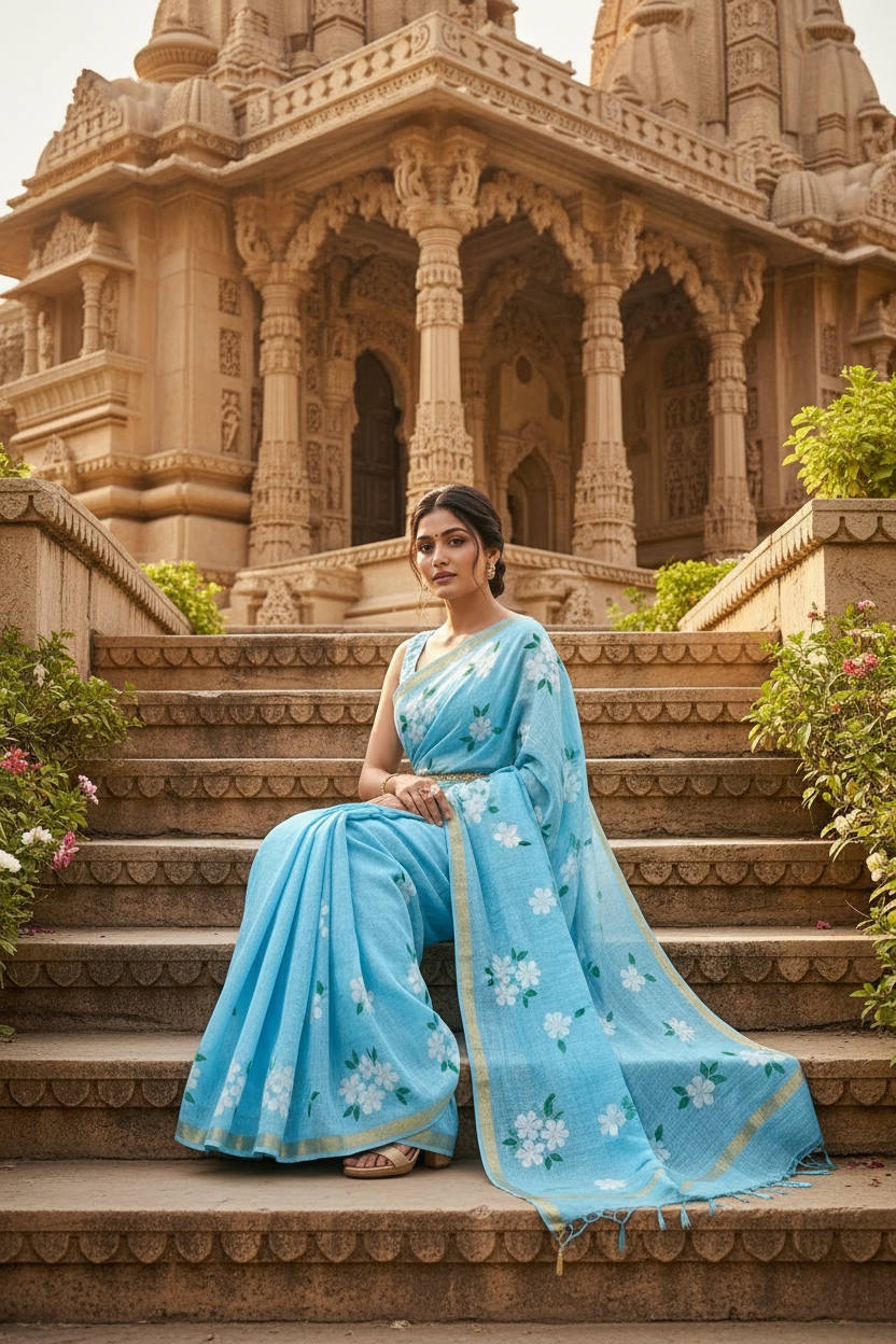 Linen Gold  Digital Printed Saree With Unstitched Blouse(Sky Blue)