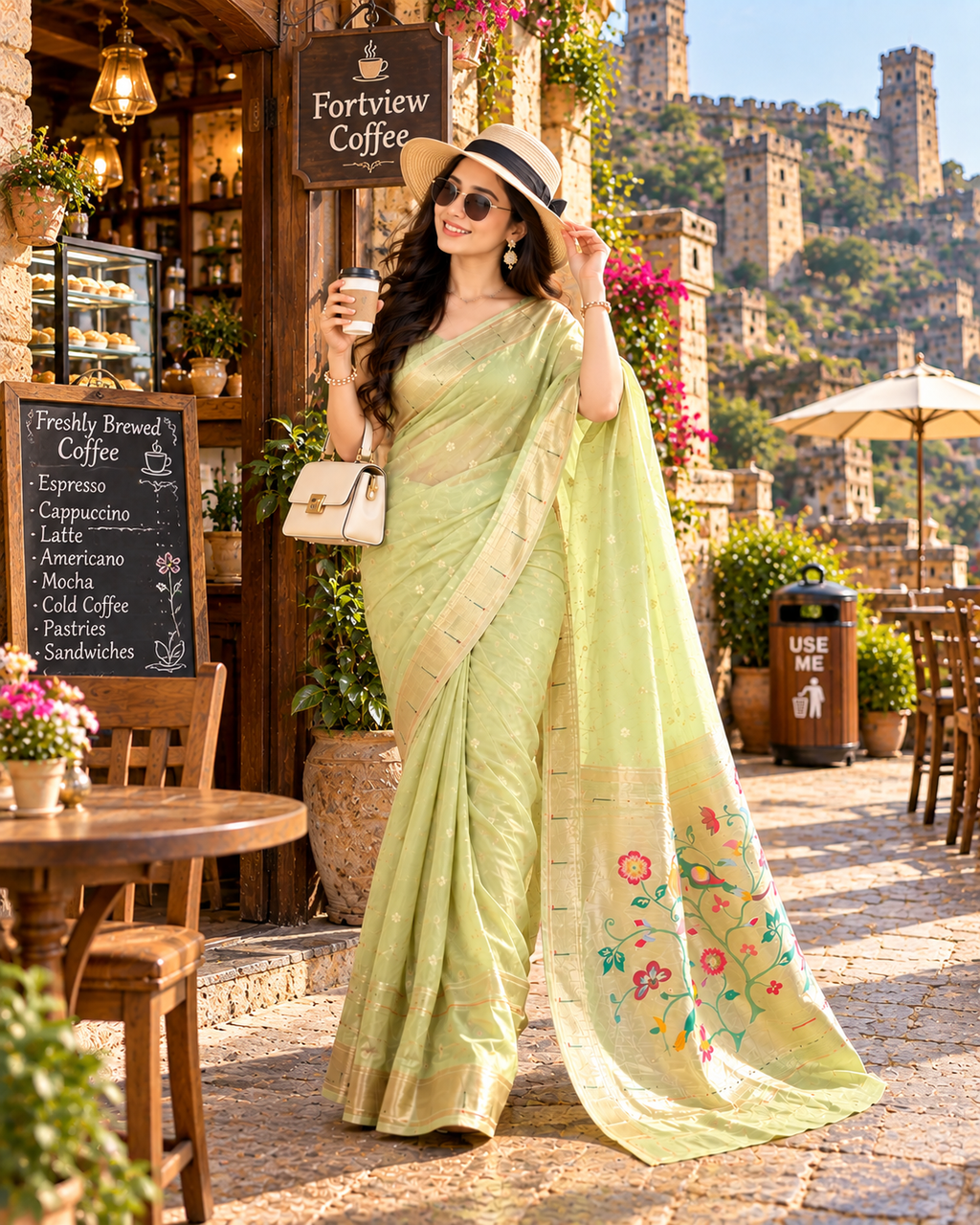Premium Paithani Silk Butti Jari Work Saree With Unstitched Blouse (Apricot Peach)