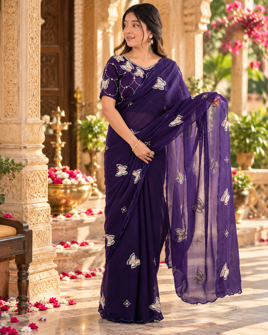 Satin Silk Embroidery Work Saree With Unstitched Blouse(Violet)