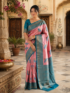 Pure Banarasi Silk Saree With Unstitched Blouse(Pink)
