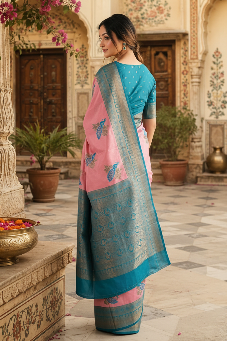 Pure Banarasi Silk Saree With Unstitched Blouse(Pink)