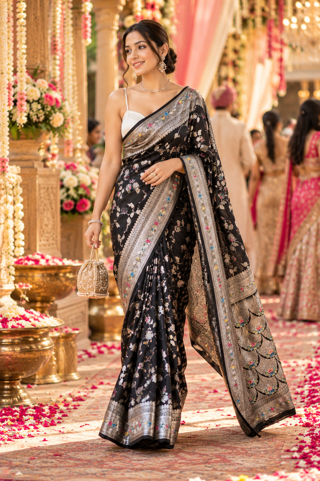 Banarasi Silk Zari Border Work Saree With Unstitched Blouse(Black)