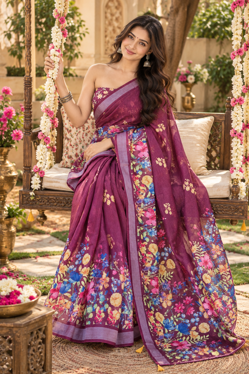 Linen Silver Zari Border Fumka Latakan Saree With Zari Border Unstitched Blouse (Brown)