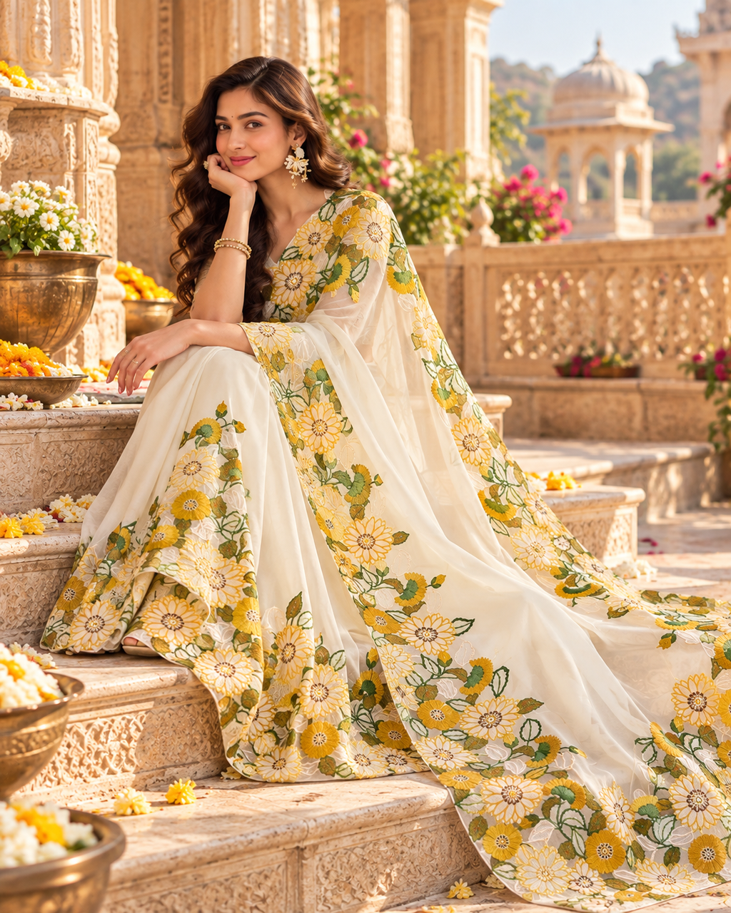 Organza Flower Design Multi Embroidery Work Sare Wth Unstitched Blouse(White)