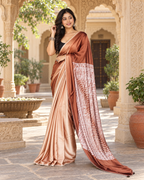 Pure Silk Digital Print Lace Patti Border Saree With Unstitched Blouse(Brown)