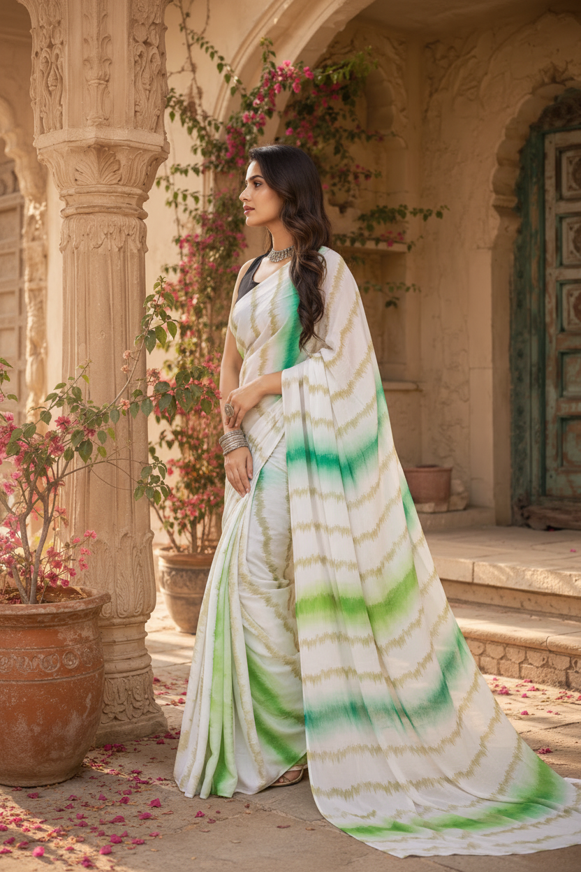 Georgette Ready To Wear Saree With Unstitched Blouse(Green)