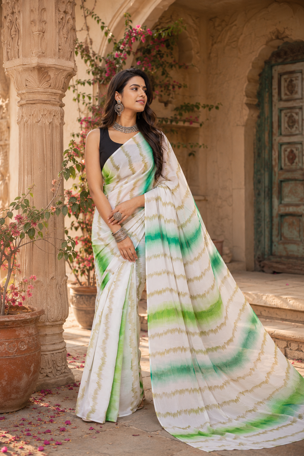 Georgette Ready To Wear Saree With Unstitched Blouse(Green)