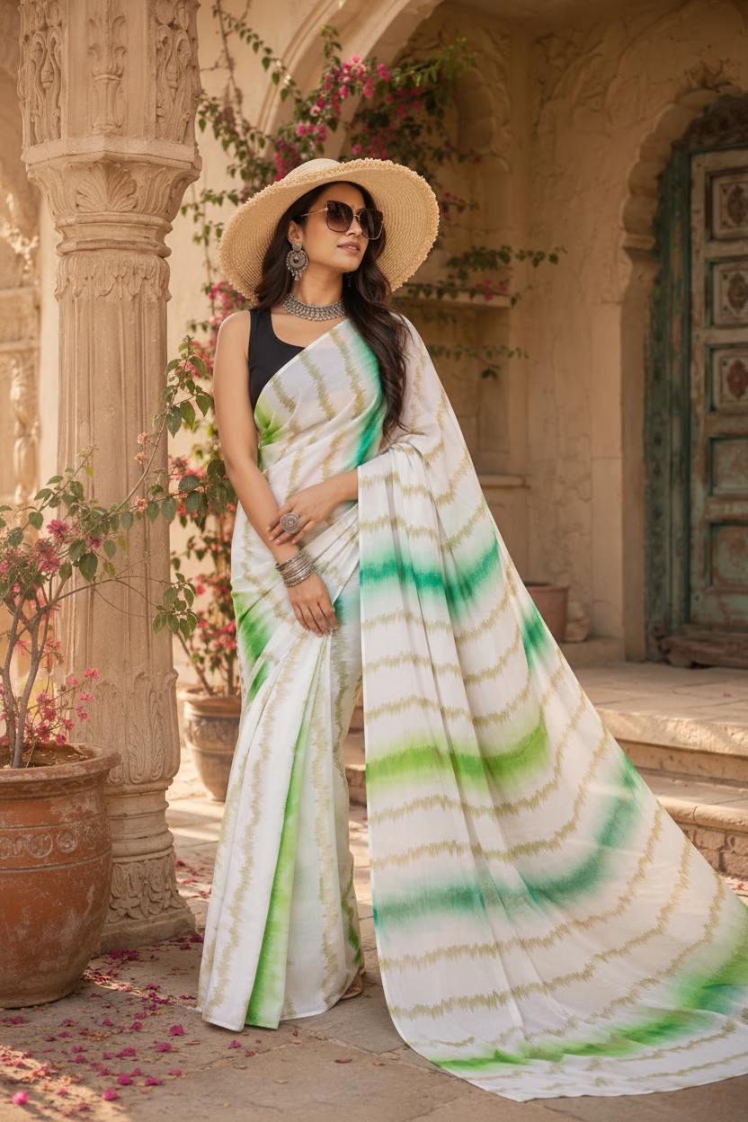 Georgette Ready To Wear Saree With Unstitched Blouse(Green)