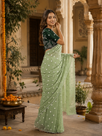 Georgette Embroidery Work Saree with Unstitched Blouse(Green)