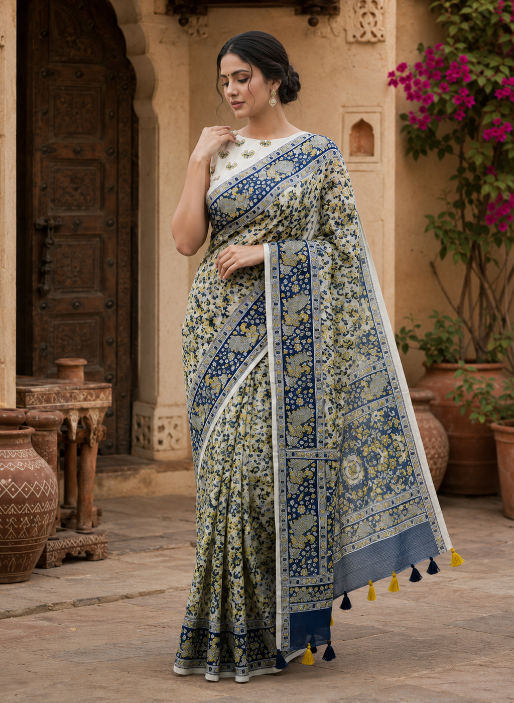 Mulberry Ikat Silk Printed Saree With Unstitched Blouse(Grey)