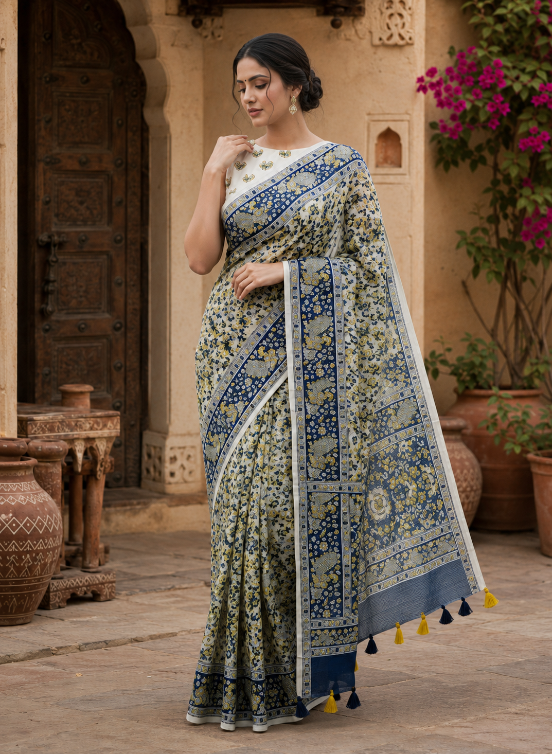 Mulberry Ikat Silk Printed Saree With Unstitched Blouse(Grey)