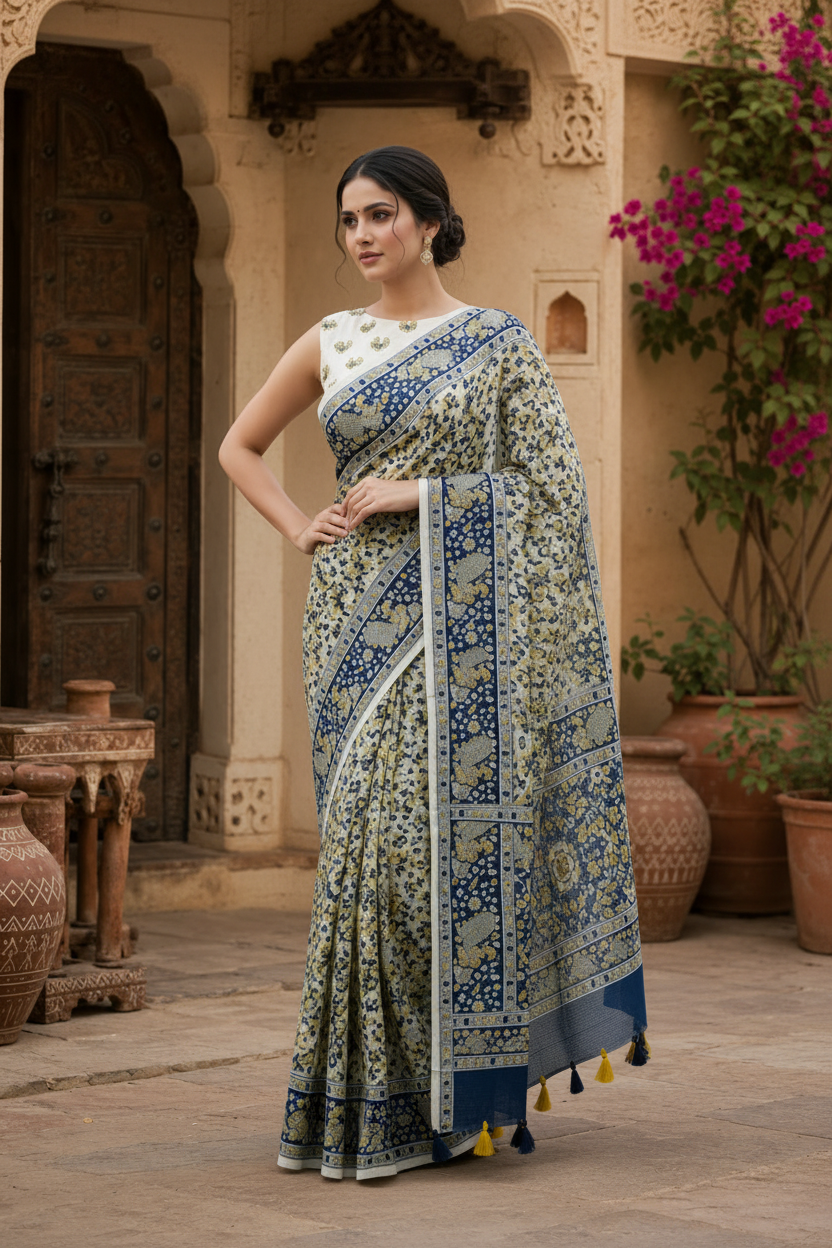 Mulberry Ikat Silk Printed Saree With Unstitched Blouse(Grey)