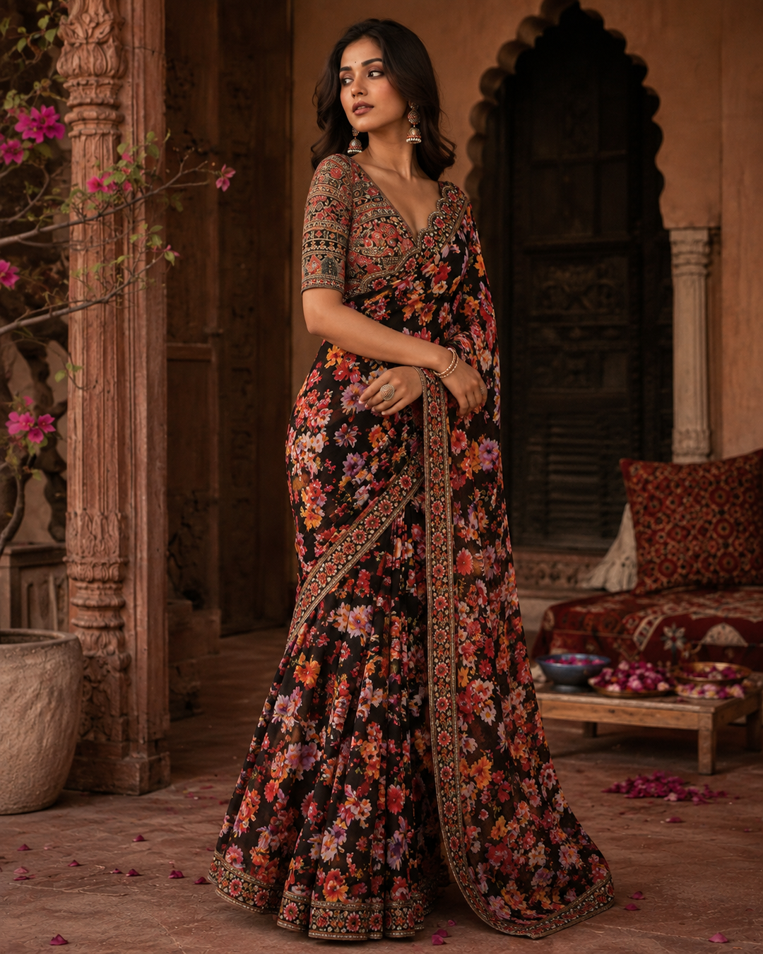 Georgette Digital Print Saree With Unstitched Blouse(Black)