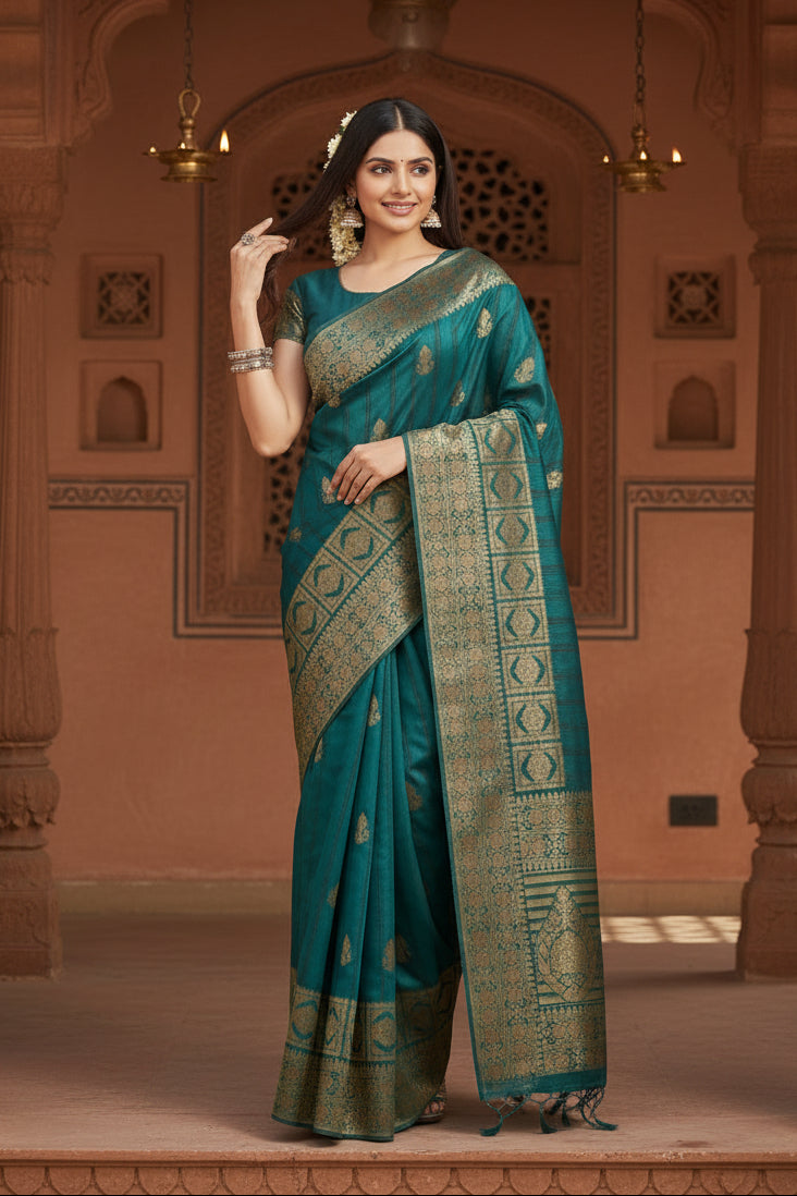 Women's Banarasi Silk Saree With Blouse (Peach, 5-6Mtrs)