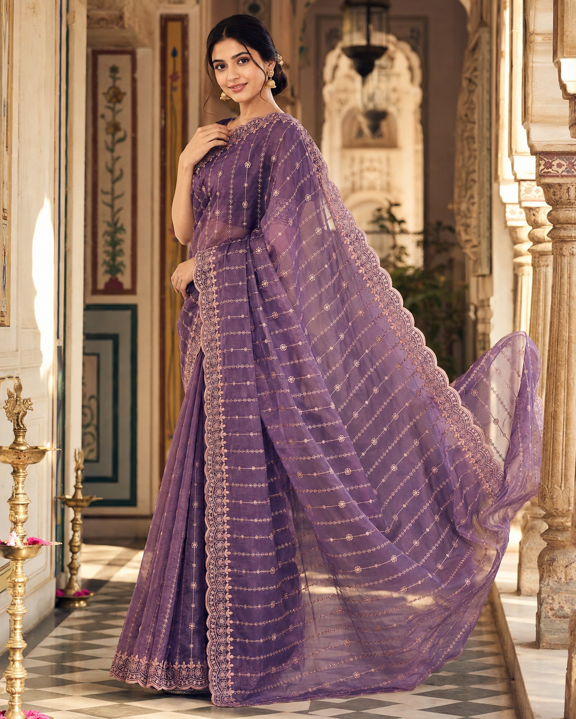 Moss Gold Shine Multi Sequence Embroidery Work Silk Saree With Unstitched Blouse (Lavender Purple)