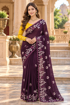 Georgette Floral Print Saree With Unstitched Blouse(Burgandy)