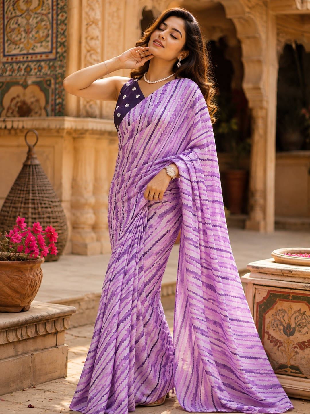 Modern Satin Silk Printed Saree With Unstitched Blouse(Lavender)