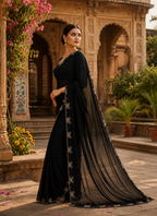 Georgette Saree With Unstitched Blouse(Black)